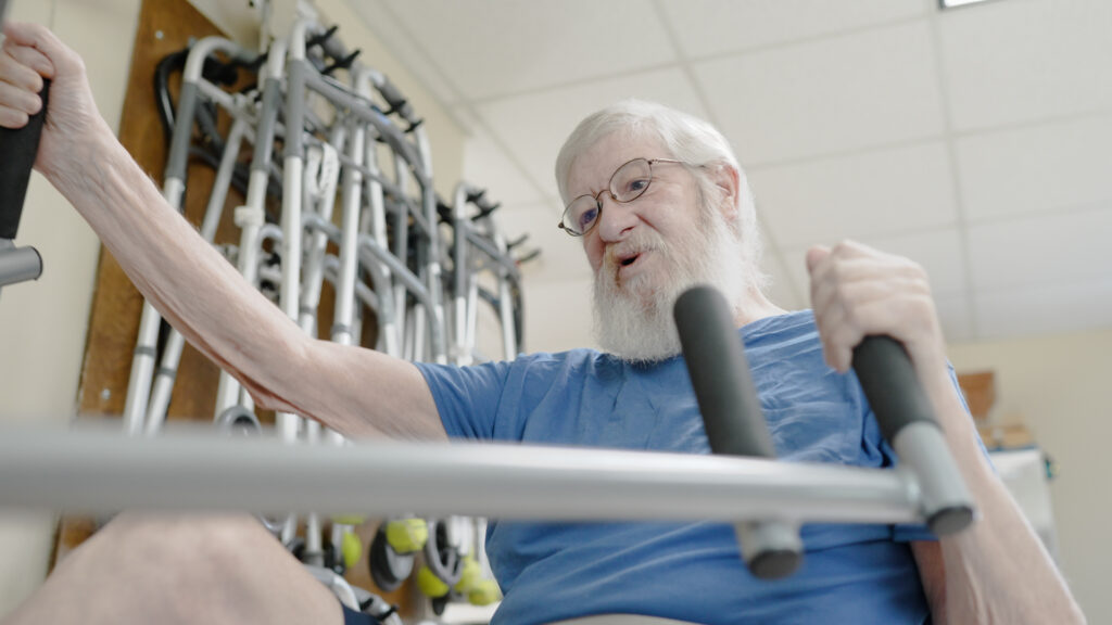 A man who is in physical therapy at Beebe Retirement's short term care program